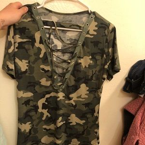 Deep V lace up camo shirt